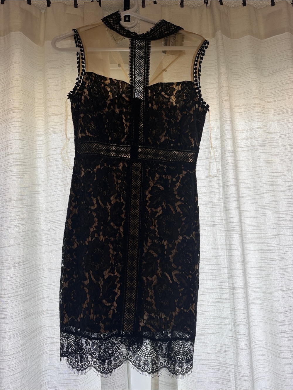 Meghan LA Black Lace Overlay Midi Dress with Nude Lining